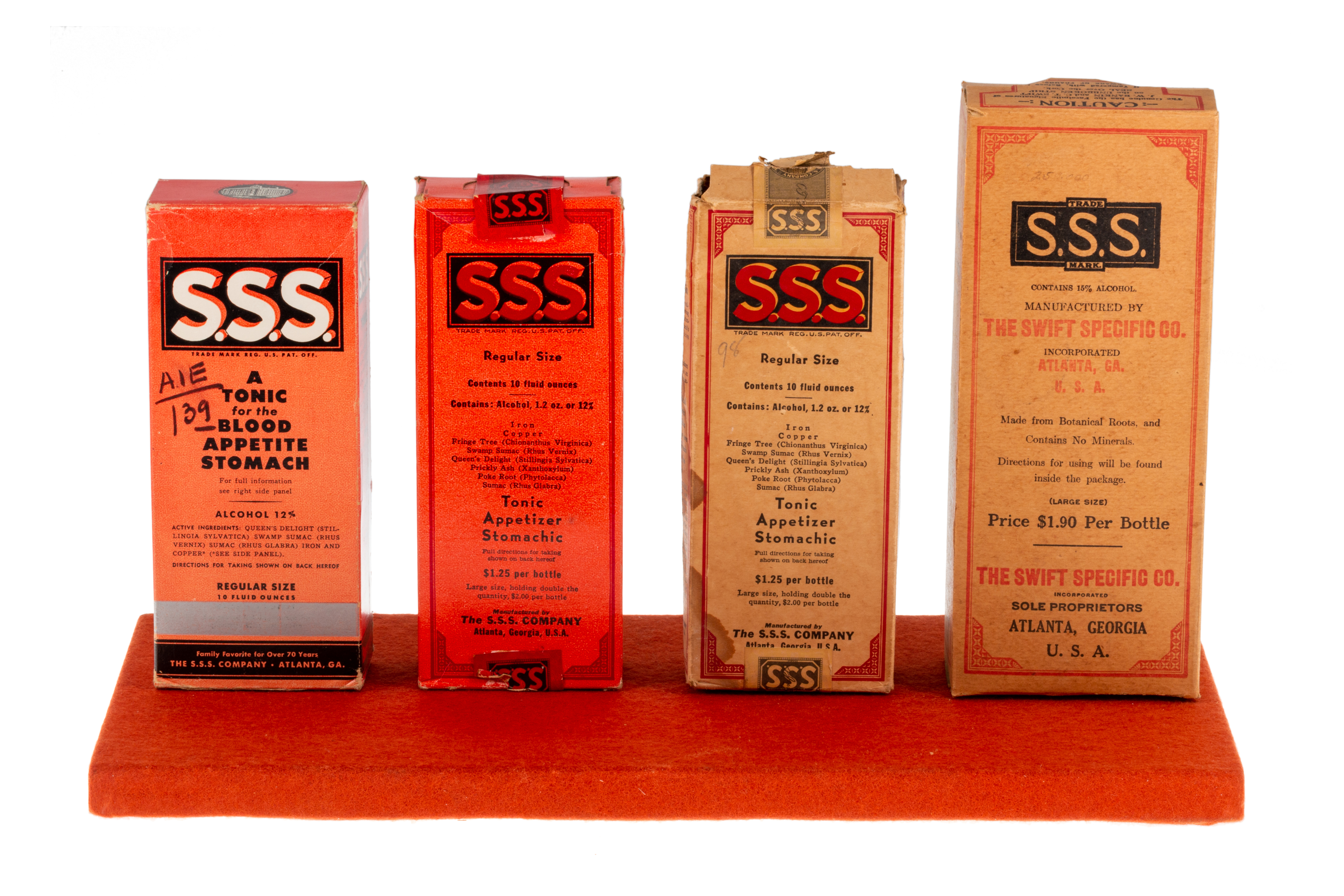 Historic S.S.S. Tonic retail packaging from multiple eras, showing changes in box design, labeling, and presentation over time
