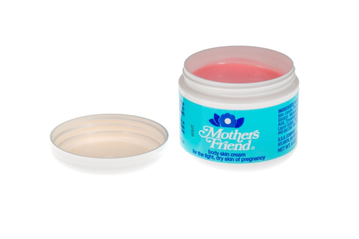 Open jar of Mother's Friend Cream showing the pink cream