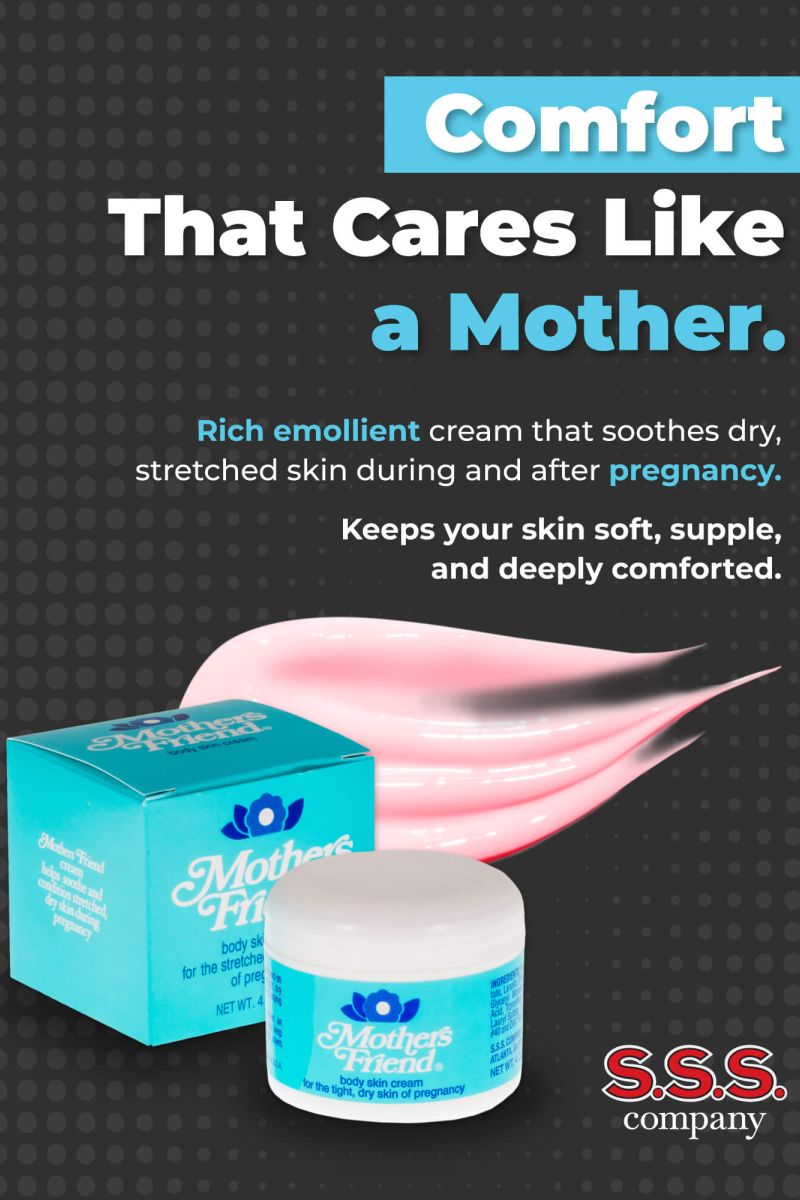 Mother's Friend Cream jar and carton with product benefits for dry, stretched skin