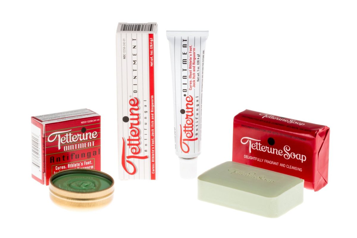 Tetterine Green tin, White tube, and Tetterine Soap