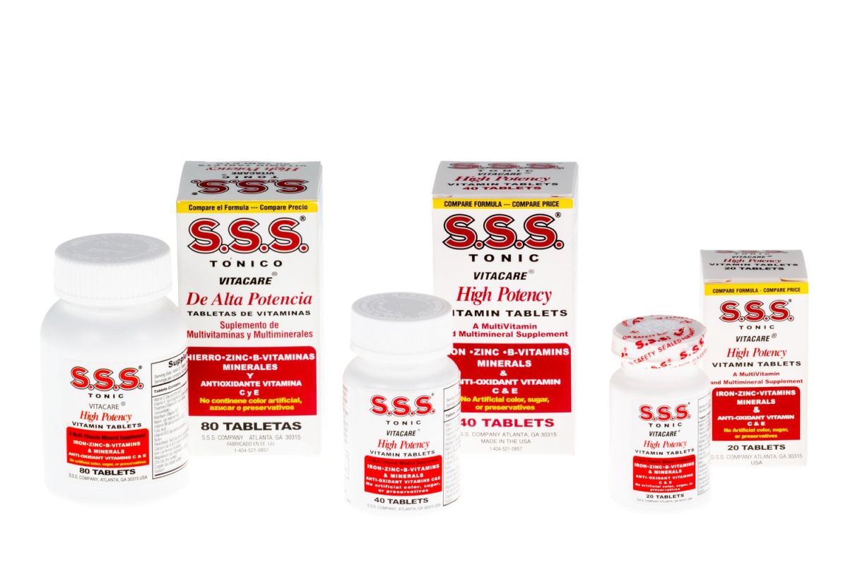 SSS Tablets bottles and cartons in 20, 40, and 80 counts